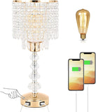 Crystal Table Bedside Lamp Touch Control, 3-Way Dimmable Small Nightstand Lamp with 2 USB Charging Ports
