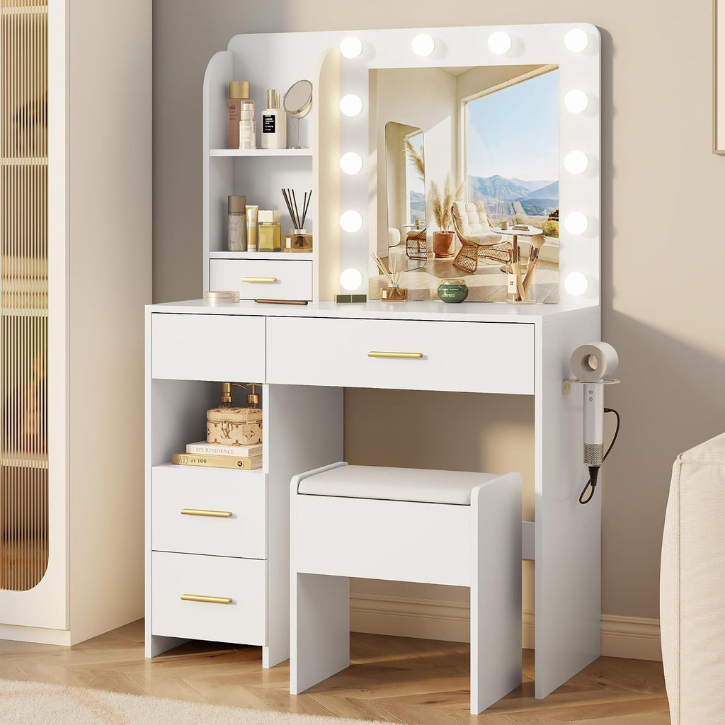 Vanity Desk with LED Lighted Mirror&Power Outlet, 3 Lighting Colors Makeup Vanity Desk with 5 Large Drawers and 3
