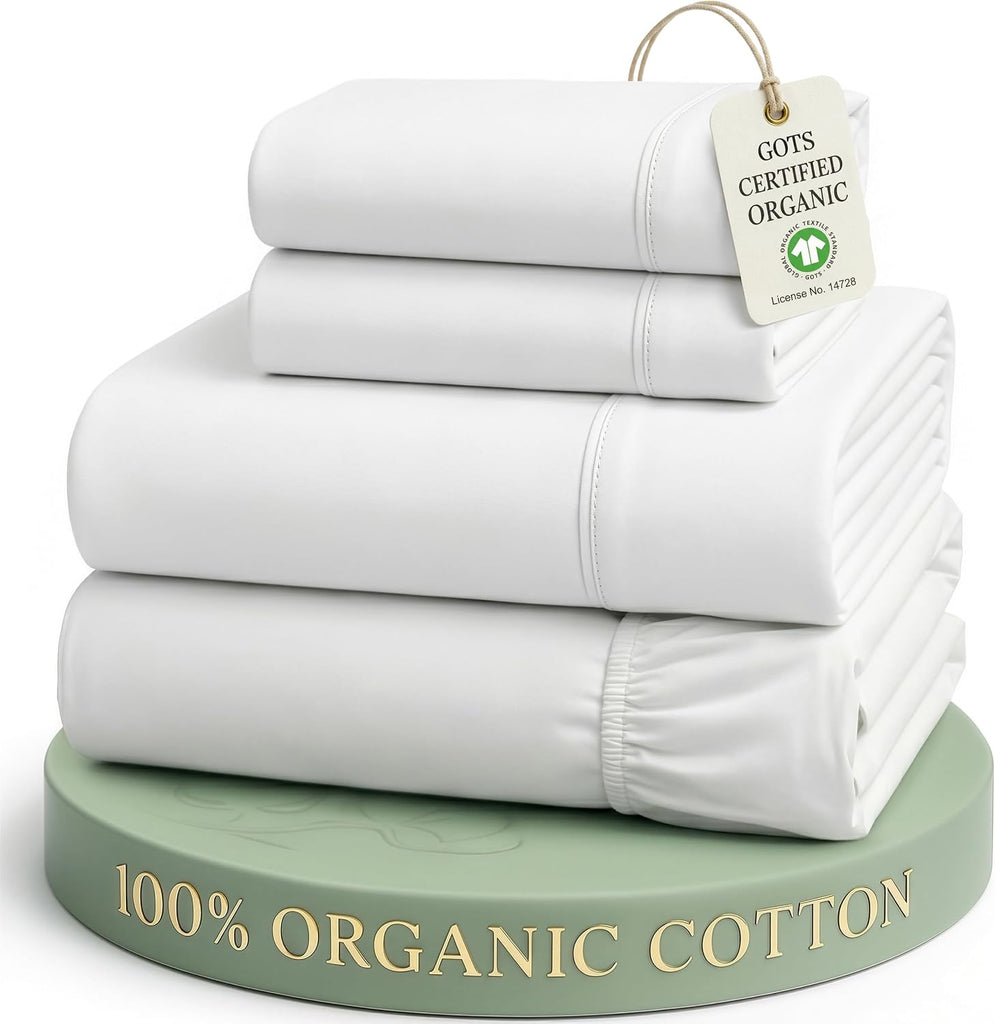 Queen Sheets 100% Organic Cotton 4pc Percale Cooling - White | Queen Sheet Set, GOTS Certified Organic Cotton Percale