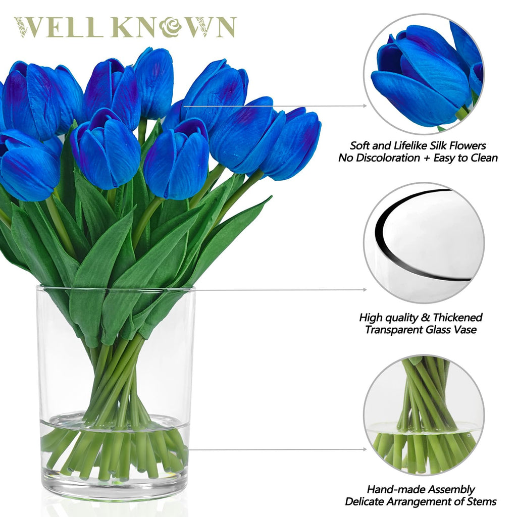 20pcs Royal Blue Fake Tulips in Vase with Faux Water