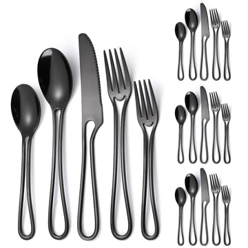 Black Silverware Hollow Flatware Set for 4 Stainless Steel Cutlery 20 Piece Hanging Forks Spoons and Knives Unique