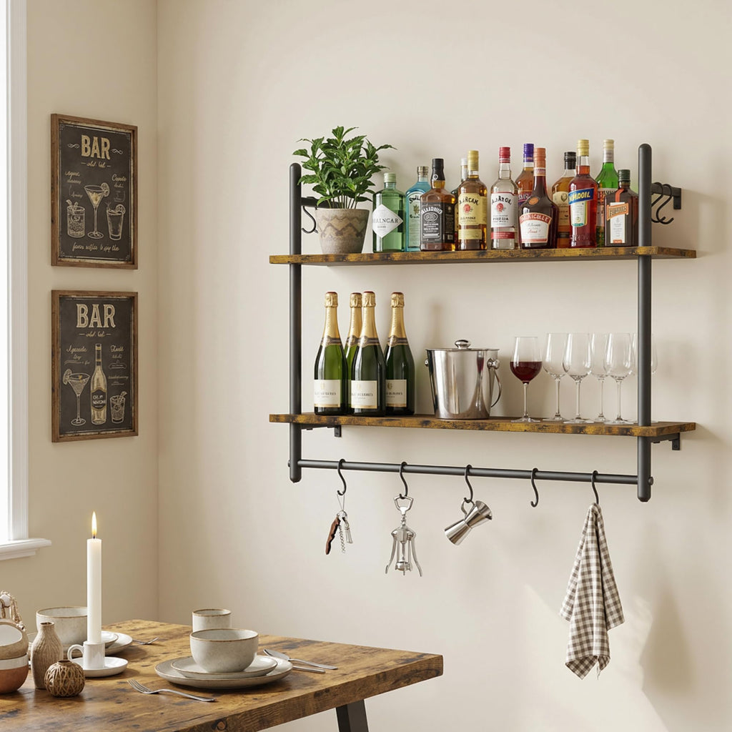 31.5" Industrial Pipe Floating Shelf with Towel Bar & Hooks
