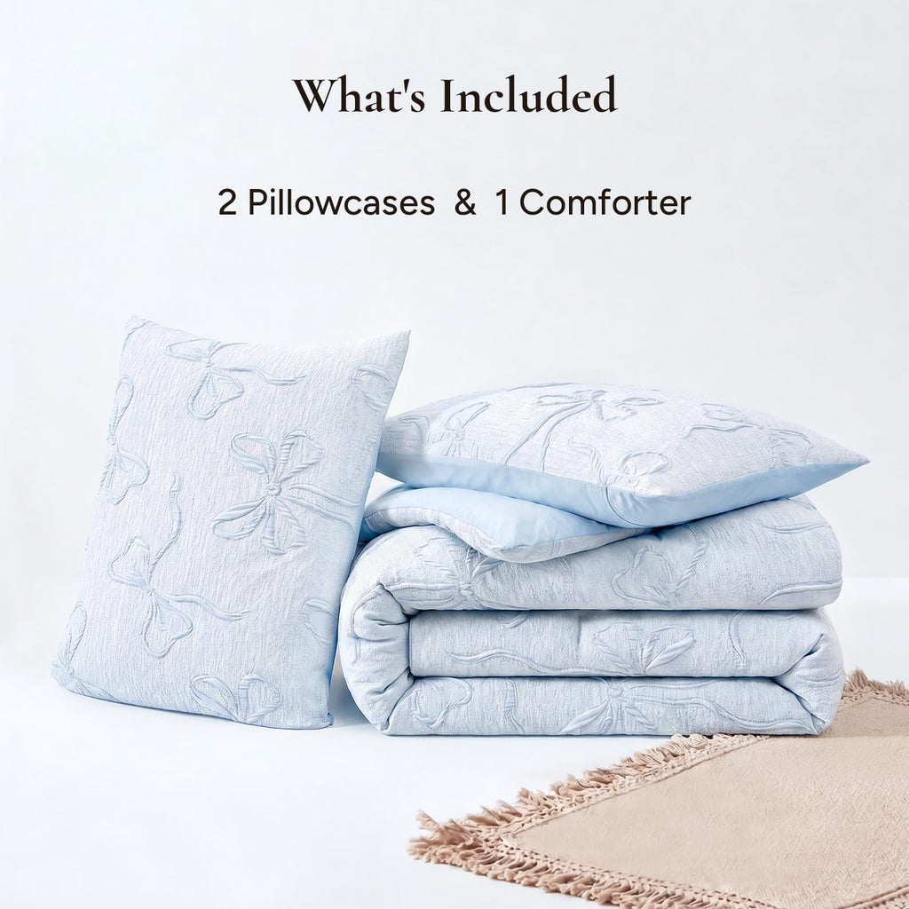 Queen Blue Bow Comforter Set, 3D Boho Tufted Bedding Set for Girl