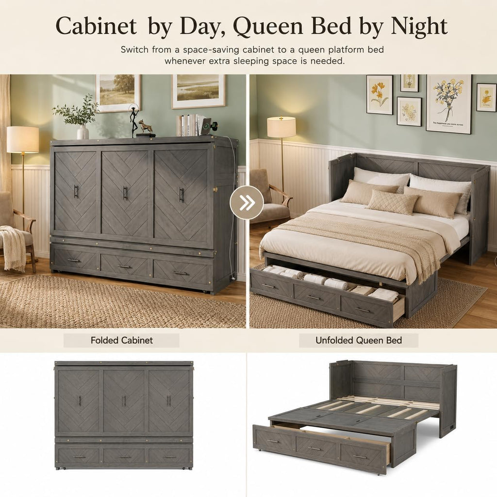 Queen Murphy Bed Cabinet with Storage, Space Saving Bed with USB Charging Station and Large 3-Compartment Drawer