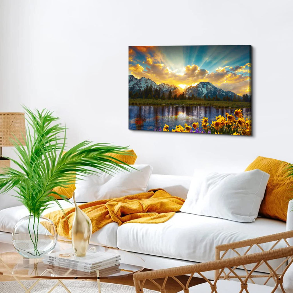 Sunset Grand Teton Mountain Wall Art Office National Park Forest Picture Canvas Painting 24x36", Sunflower Landscape