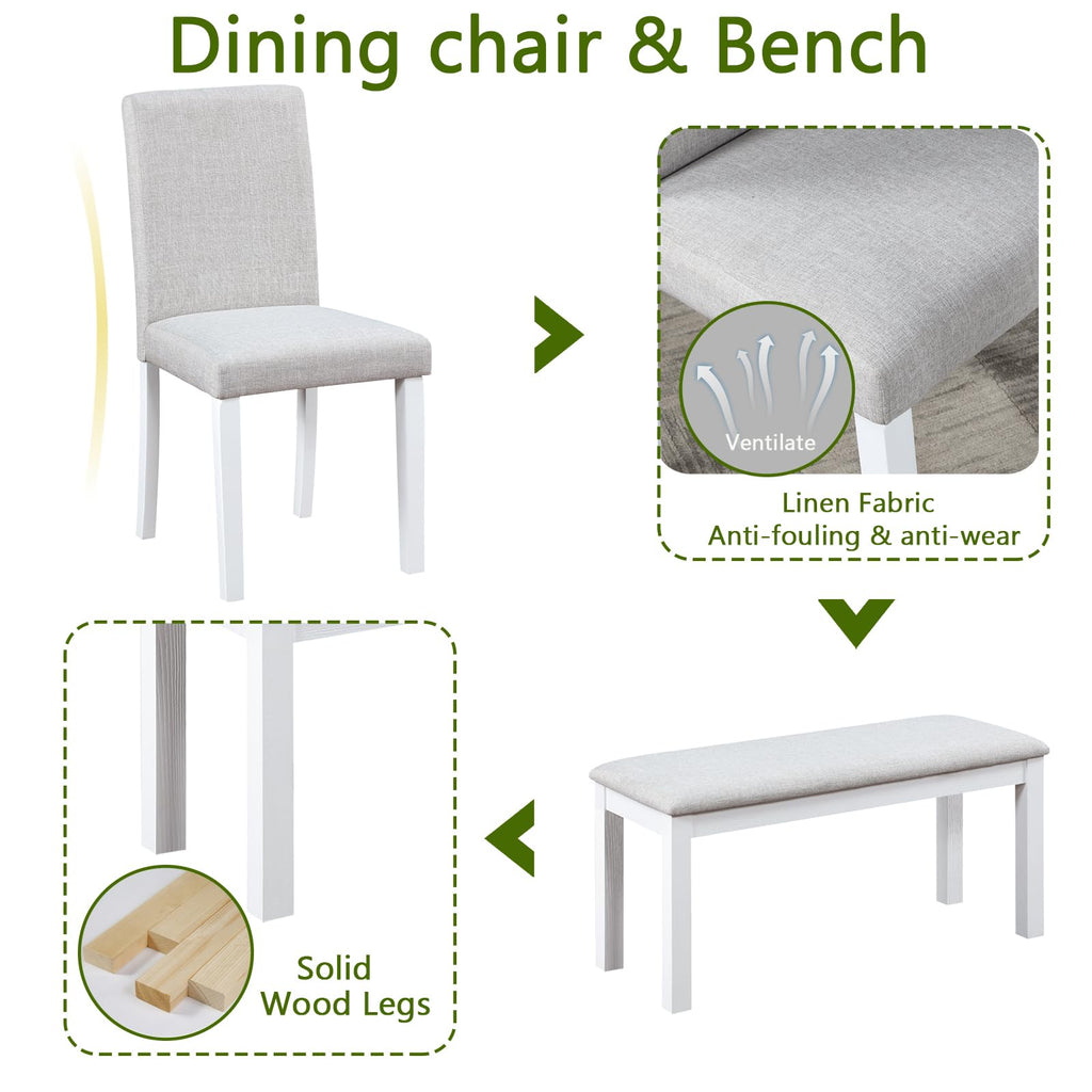 6-Piece Dining Table Set for 6, Solid Wood Kitchen Table Set with 4 Upholstered Chairs & Bench, White