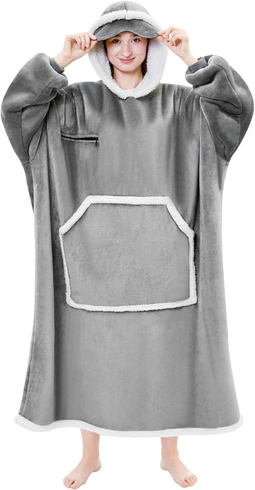 Oversized Sherpa Wearable Blanket Hoodie for Adult with Eye Mask,Grey | Soft Flannel Sweatshirt Hooded Blankets