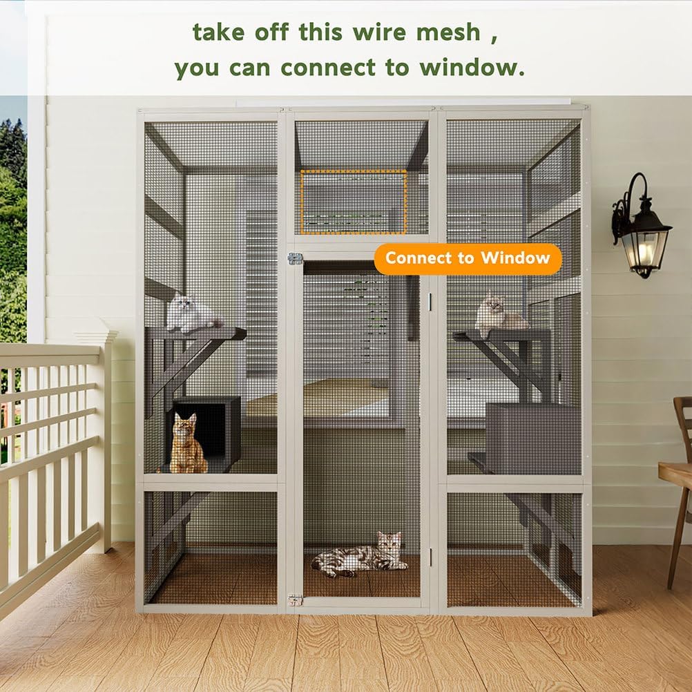 70 Inch Catio Outdoor Cat Enclosure, Large Wooden Cat House with 5 Platforms and 2 Napping Houses, Waterproof UV