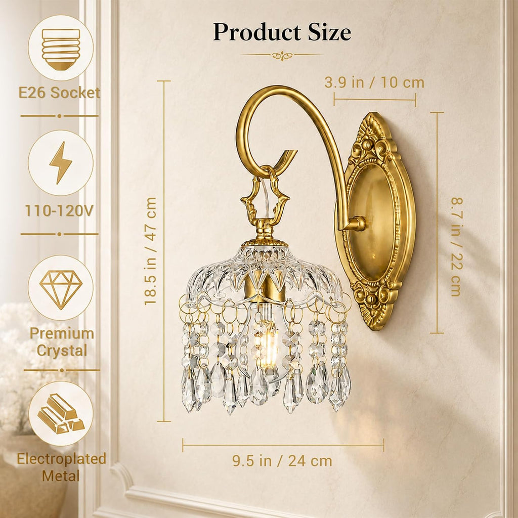 Crystal Wall Sconces Set of 2, Gold Hardwired Wall Sconce with Faceted Glass Shade and Crystal Drops, Vintage