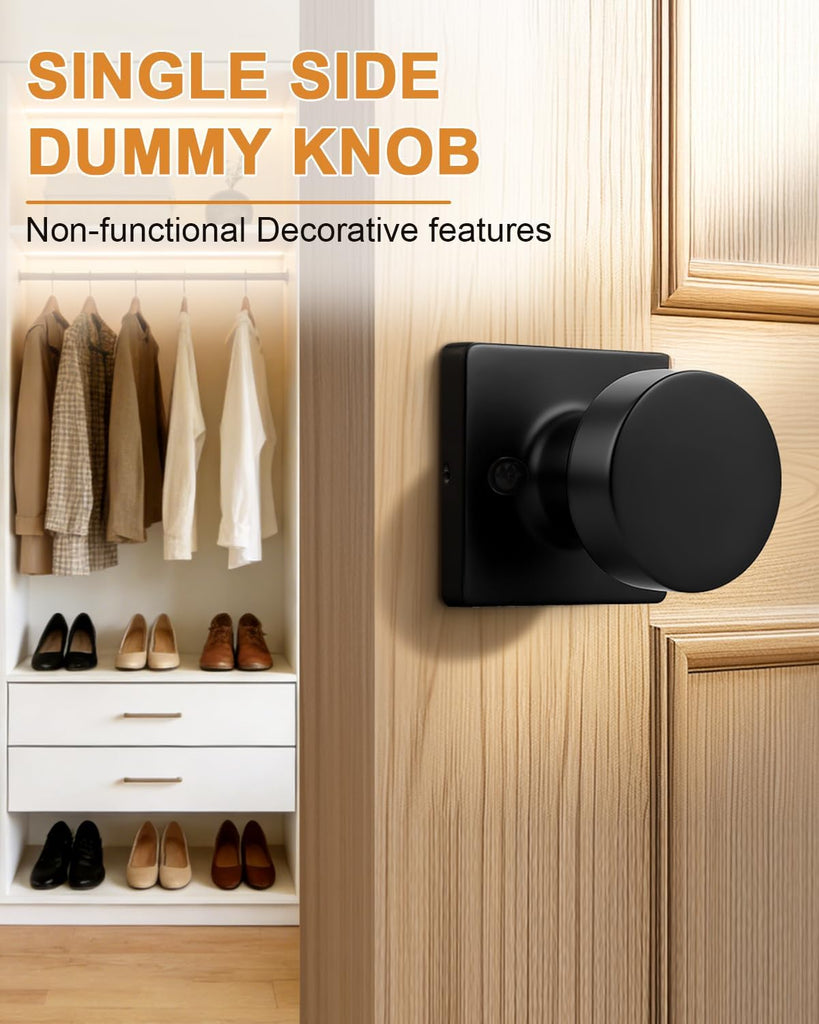 Matte Black Dummy Door Knobs Interior, Single Sided Dummy Door Handles for Closet 2 Pack, Standard Size Non-Turning