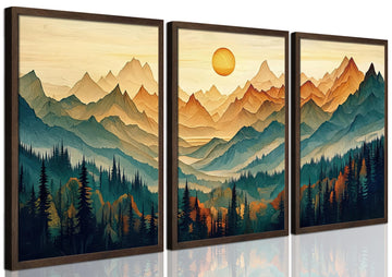 Mountain Wall Art Set of 3, Landscape Wall Decor, Teal Orange Forest Canvas Prints, Wood Framed Sunlit Peaks Picture