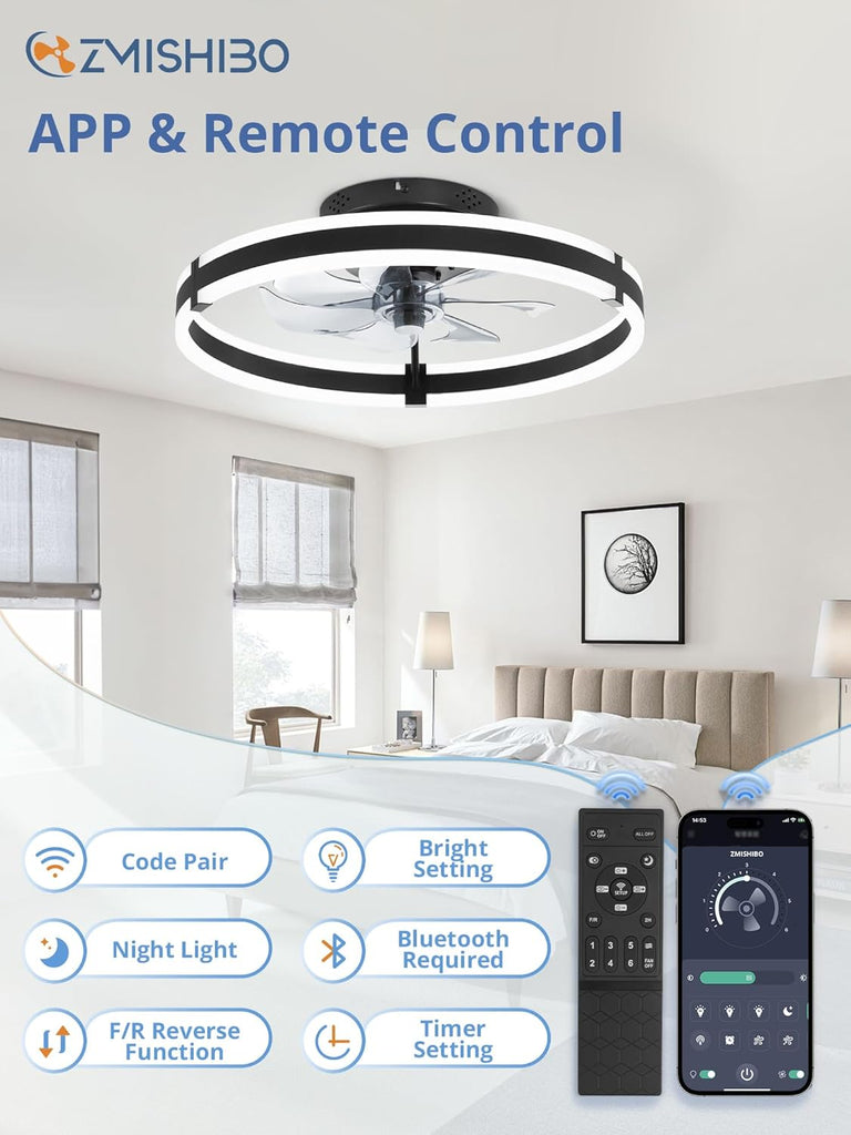 Ceiling Fans with Lights and Remote, 19.7'' Low Profile Ceiling Fan, 3000-6000K Dimmable Modern Flush Mount LED Fan Light, 6 Wind Speeds, Black Fandelier Ceiling Fans for Bedroom A101-B0DBHGKLLQ