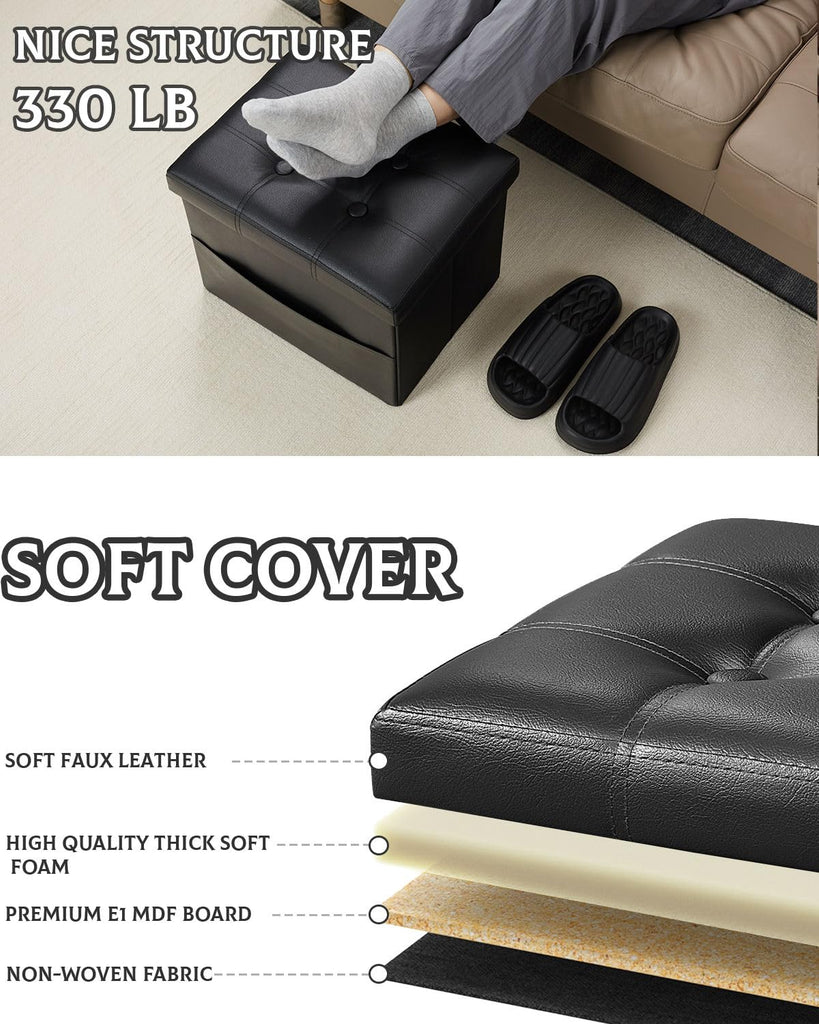 2PC Ottoman with Storage, 17" Leather Folding Foot Rest Stool, Black