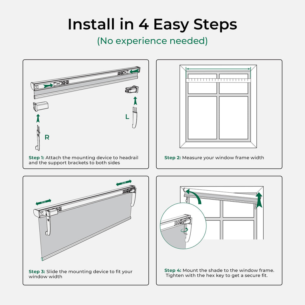 No Drill Motorized Roller Blinds, Outside Mount Installation Electric Blackout Blinds with Remote, Compatible with