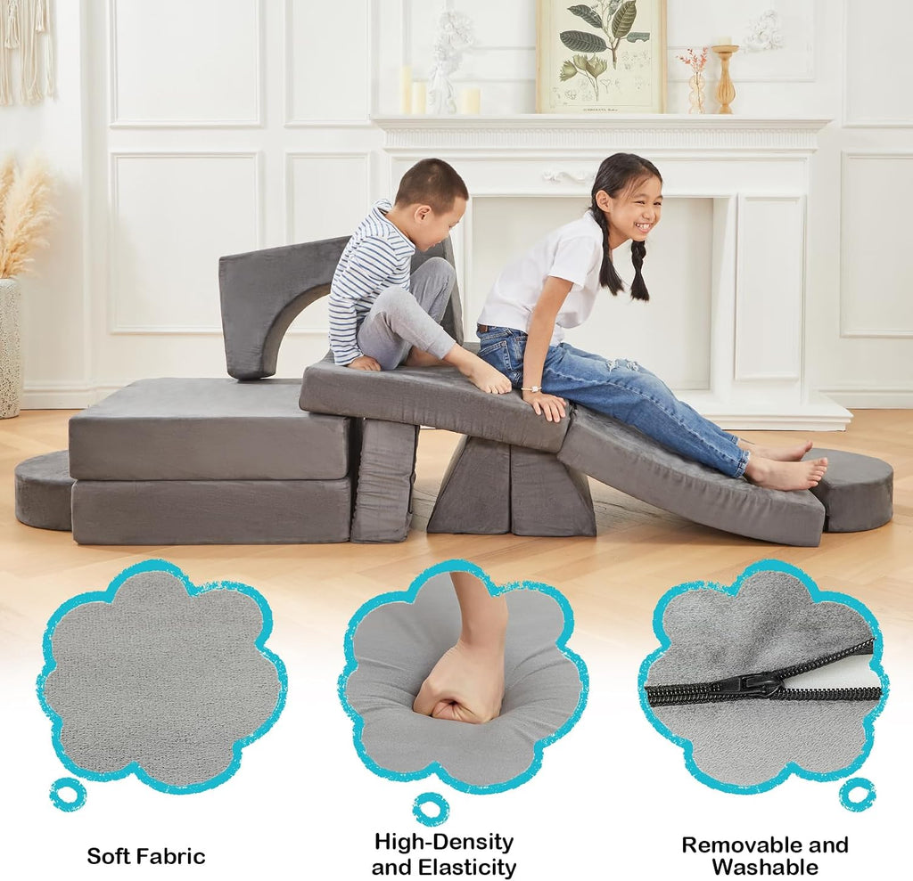 Modular Kids Play Couch, Fort Building Kids Couch for Room, Toddler Sofa That Folds, Grey