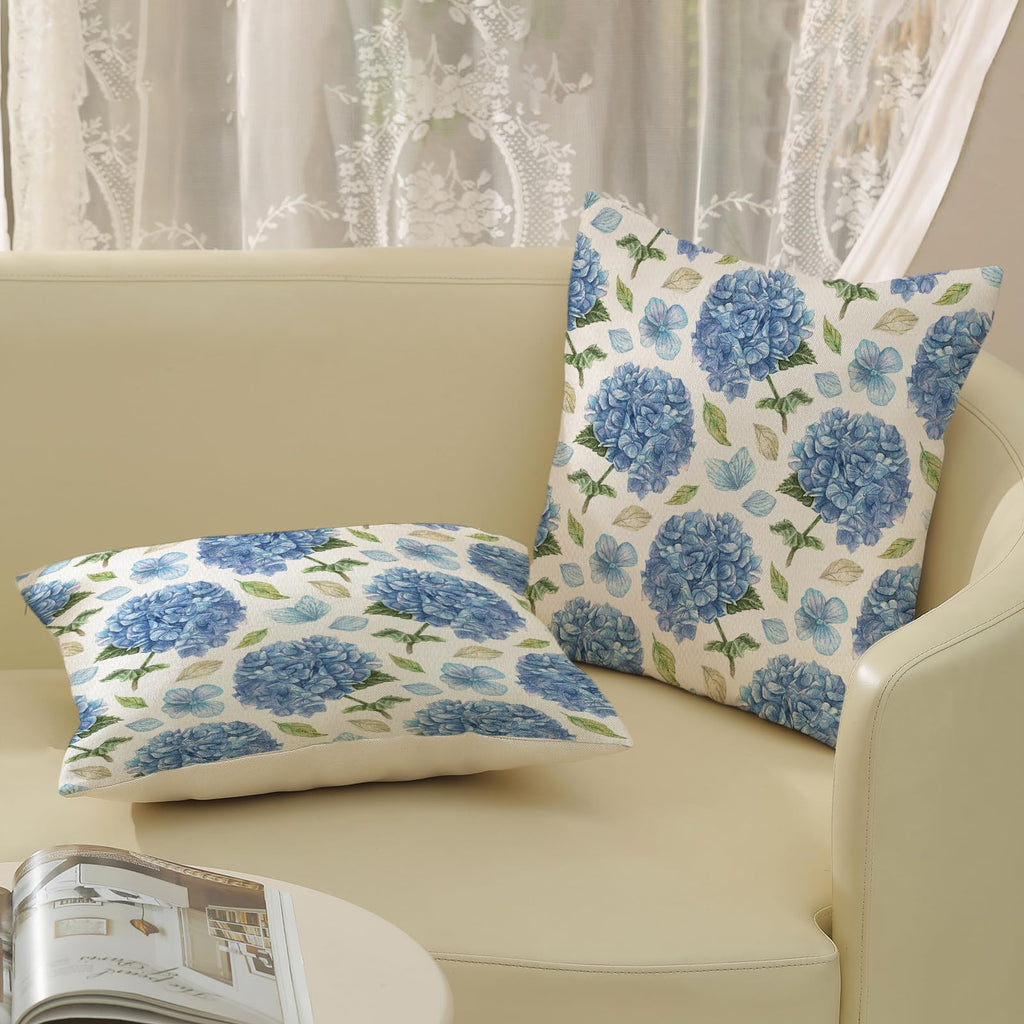 Spring Pillow Covers 20x20 Set of 2, Blue Hydrangea Flower Throw Pillows Spring Summer Floral Decorations Hydrangea