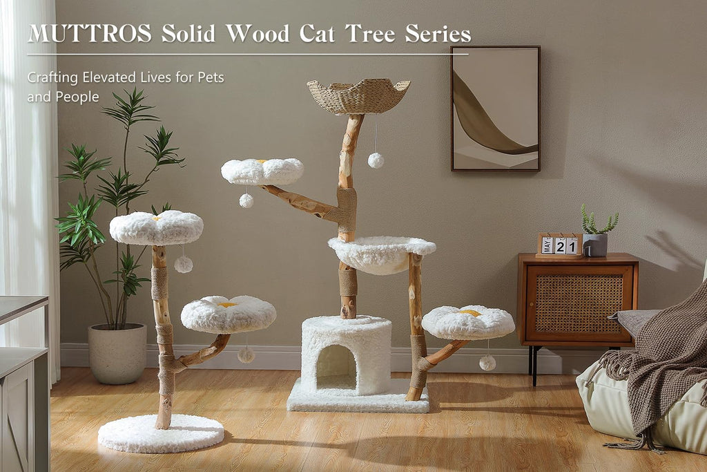 59" Modern Wood Cat Tree for Large Cats, Boho Style, Cloud White
