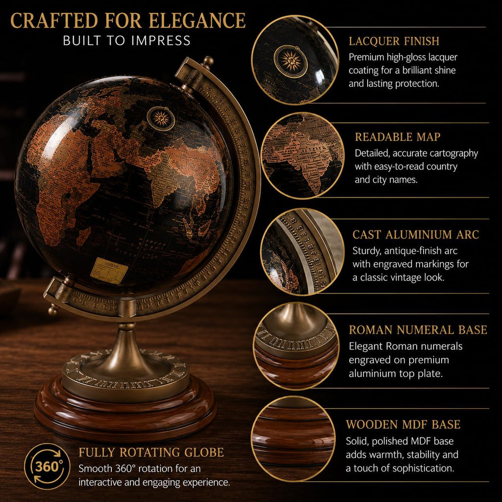 Antique-Style Decorative World Globe - Black and Gold Rotating Globe with Cast Aluminium Meridian and Wooden Base
