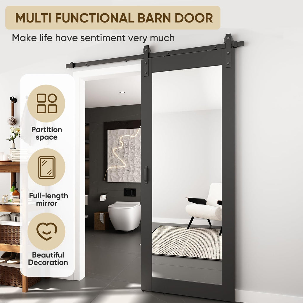30in x 84in Mirror Barn Door with 5FT Hardware Kit, Black