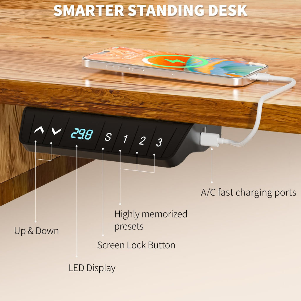 63 x 30 Inch Electric Standing Desk with 4 Drawers, Light Rustic