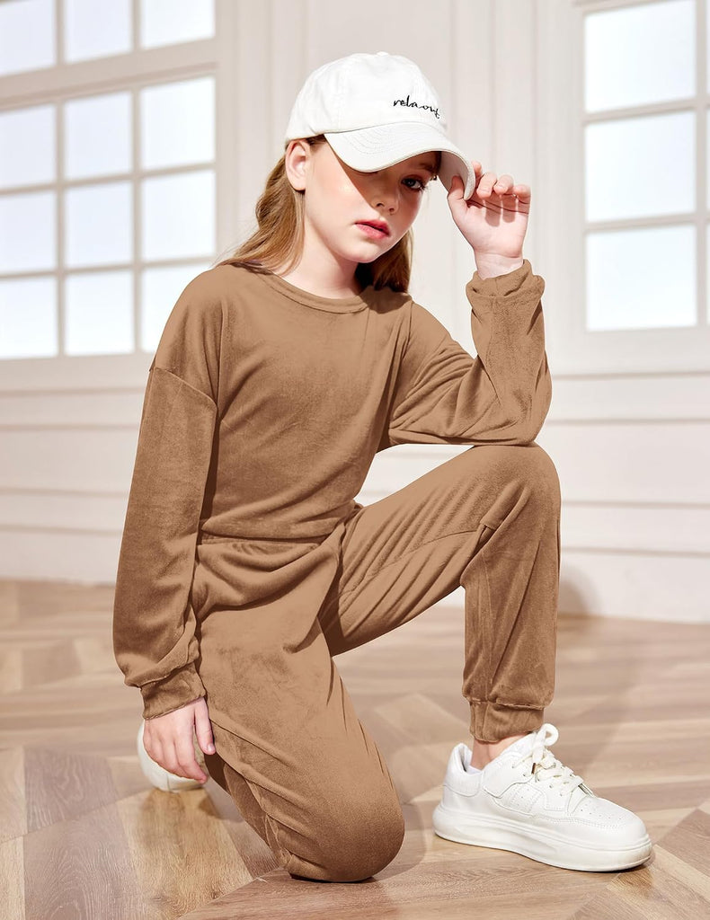 Girls 2 Piece Outfits Kids Casual Velour Sweatshirts & Pants Set