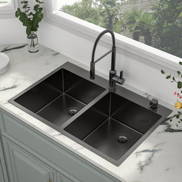 33 Inch Black Kitchen Sink Double Bowl Drop In Stainless Steel Sink