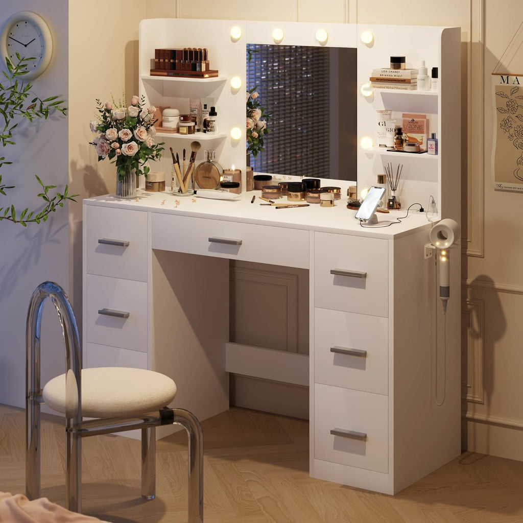 Vanity Desk with Mirror, Power Outlet and 10 Lights, Makeup Table with 7 Drawers, 3 Color Modes Available , Pure White