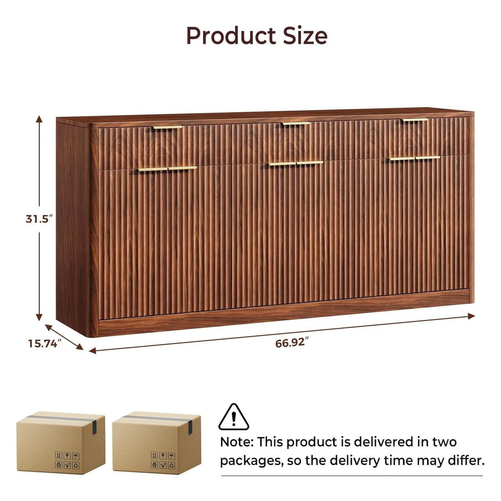67" Fluted Walnut Sideboard Buffet Cabinet with 3 Drawers
