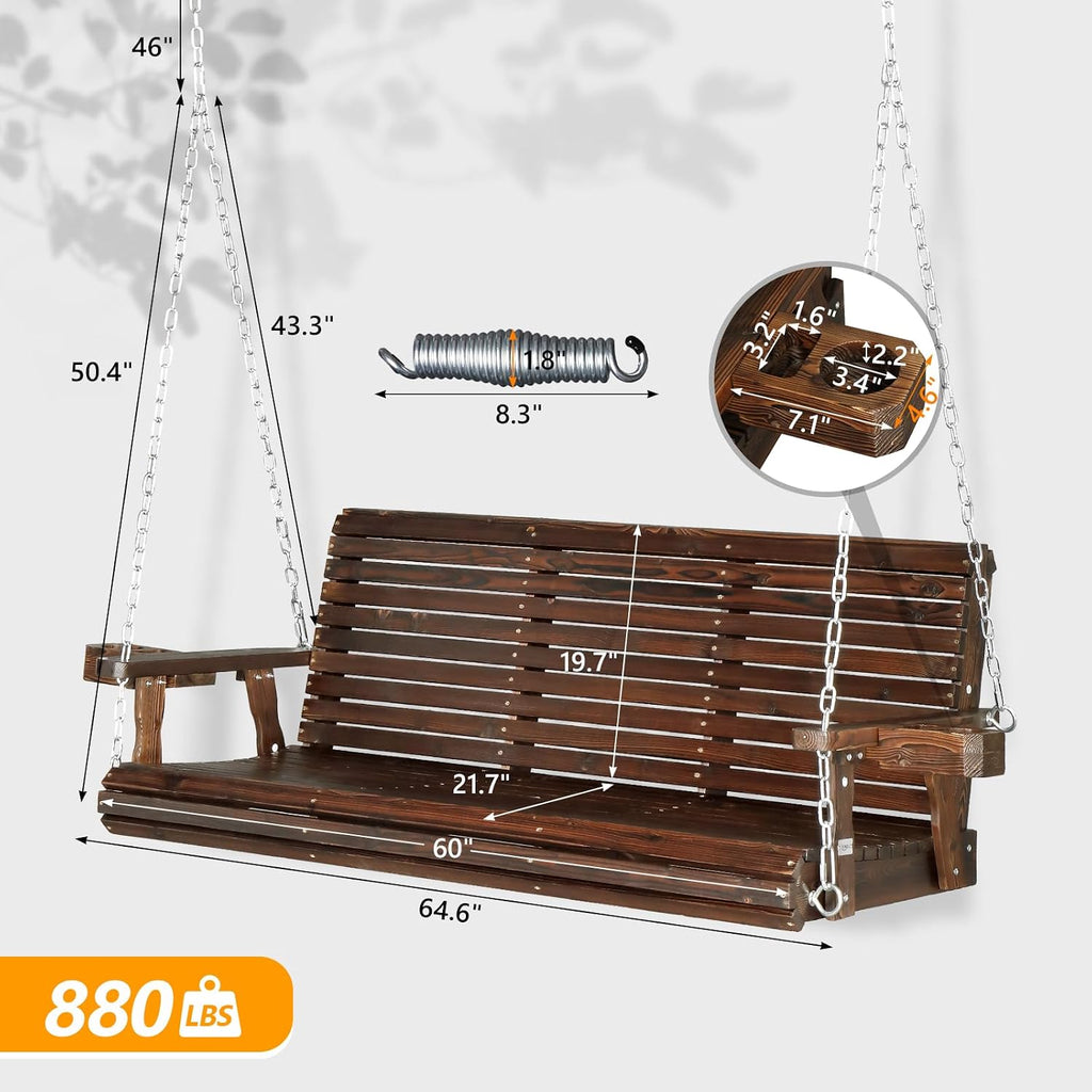 XL 5 FT Pro Wooden Porch Swing with Cup Holders, 880 LBS, Rustic | Heavy-Duty Wood Frame; 880-Lb Capacity; Cup