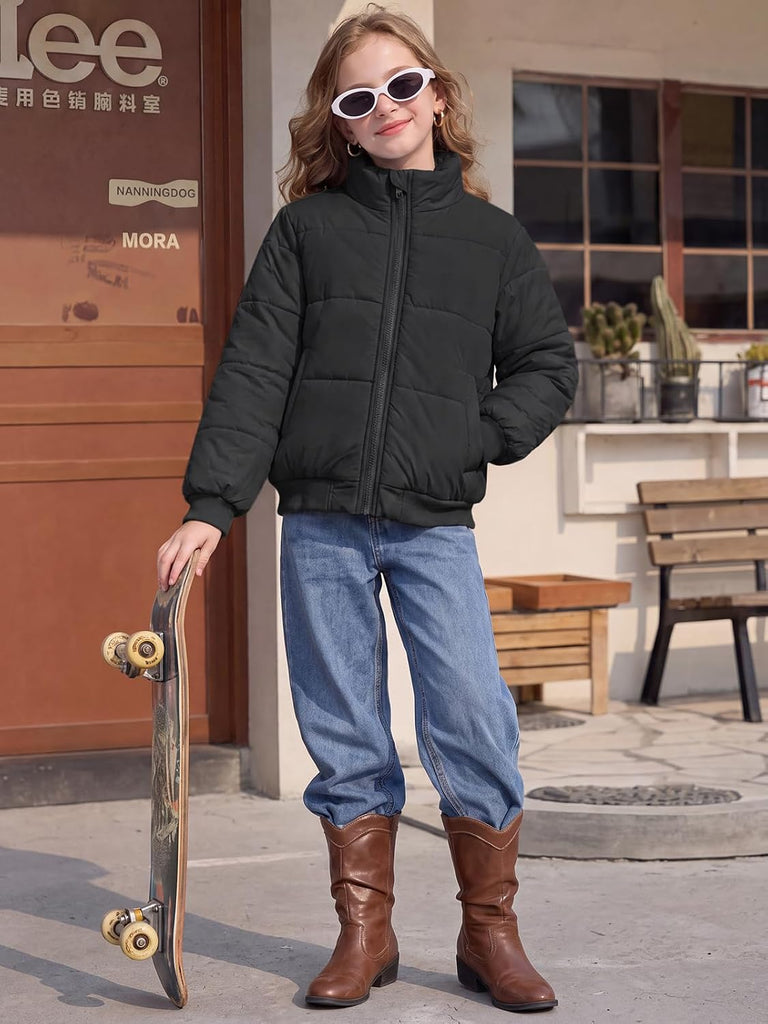 Girls Short Puffer Jacket Warm Stand Collar Winter Coat