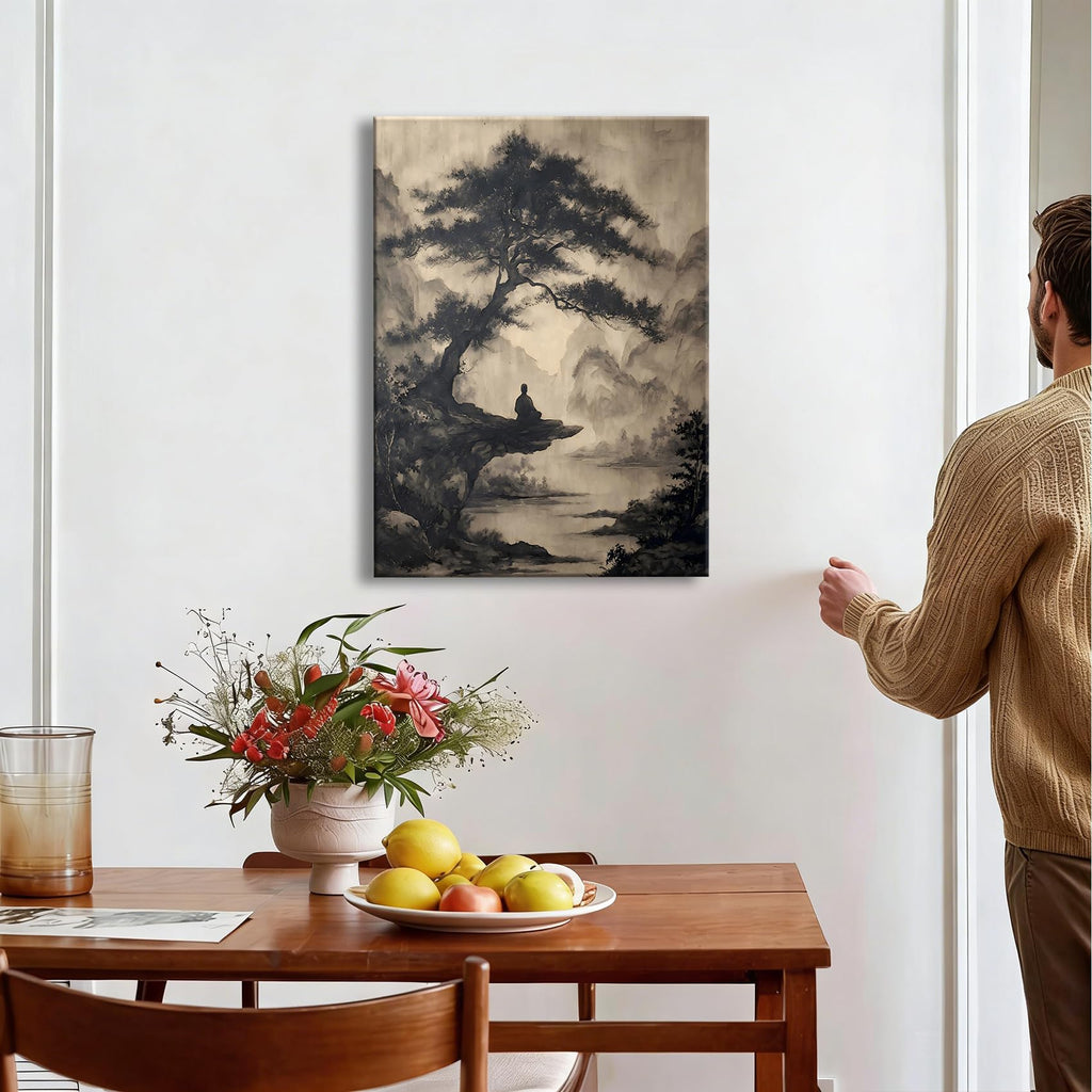 Framed Chinese Ink Meditation Monk Canvas Wall Art, Vintage Pine Mountain Landscape Canvas Prints Pictures, Zen wall