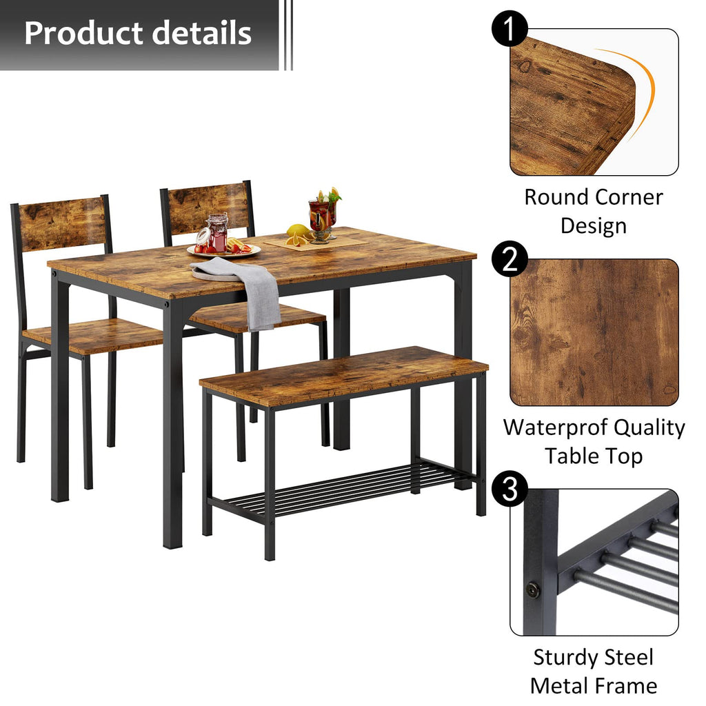 4-Piece Kitchen Table and 2 Chairs for 4 with Bench, Dining Table Set for Small Space, Apartment, Living-Room