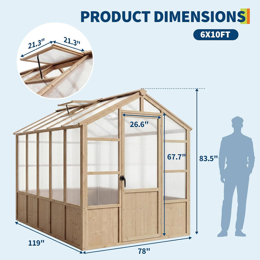 Large Wood Frame Greenhouse for Outdoor - Wooden Walk-in Greenhouse Kit with Polycarbonate Panels, Ventilated Window