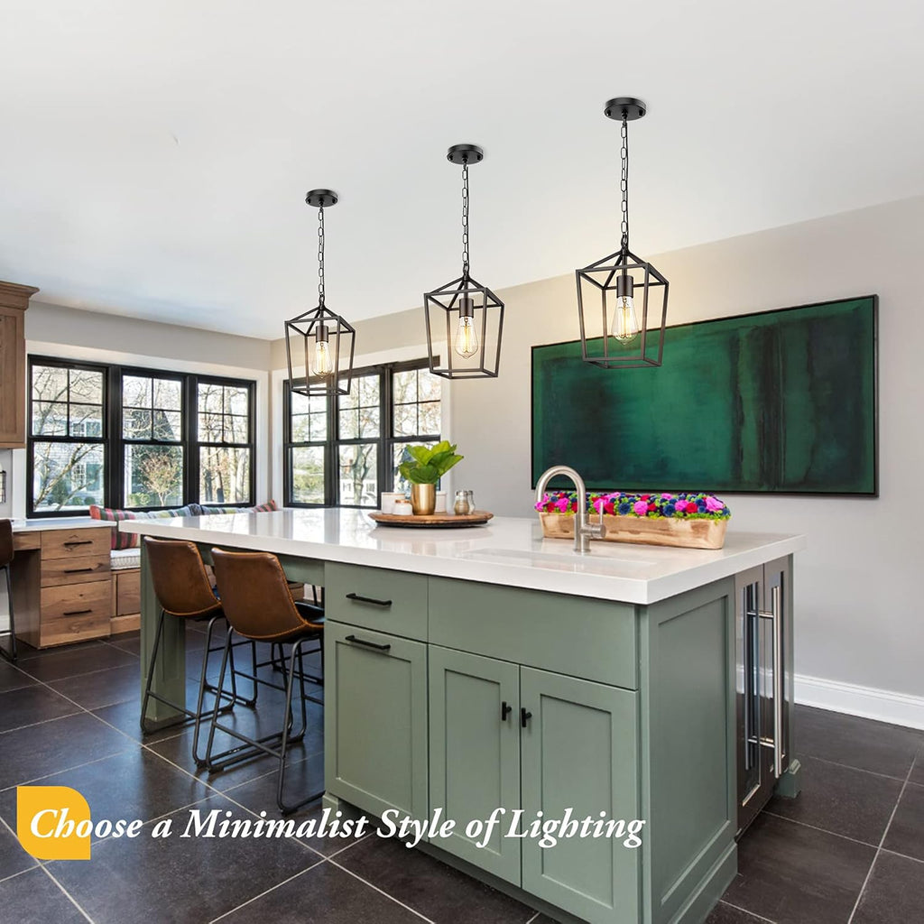 Farmhouse Black Pendant Light for Kitchen Island Industrial Hanging Lantern Fixture Modern Metal Cage Lamp Chandelier