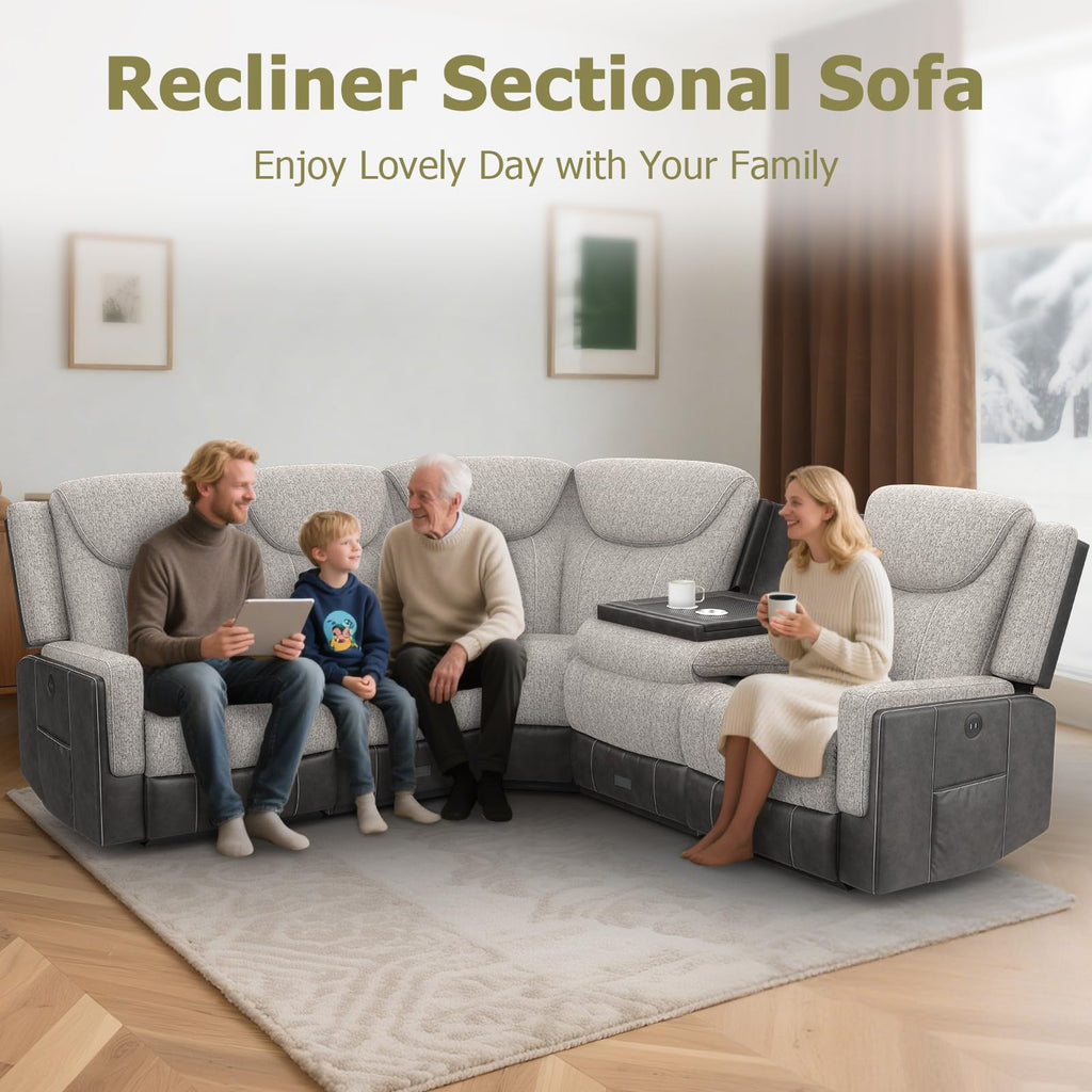 Manual Recliner Sectional Sofa, Corner Couch with Flip Middle Backrest, USB Ports & Cup Holders, Grey Linen &