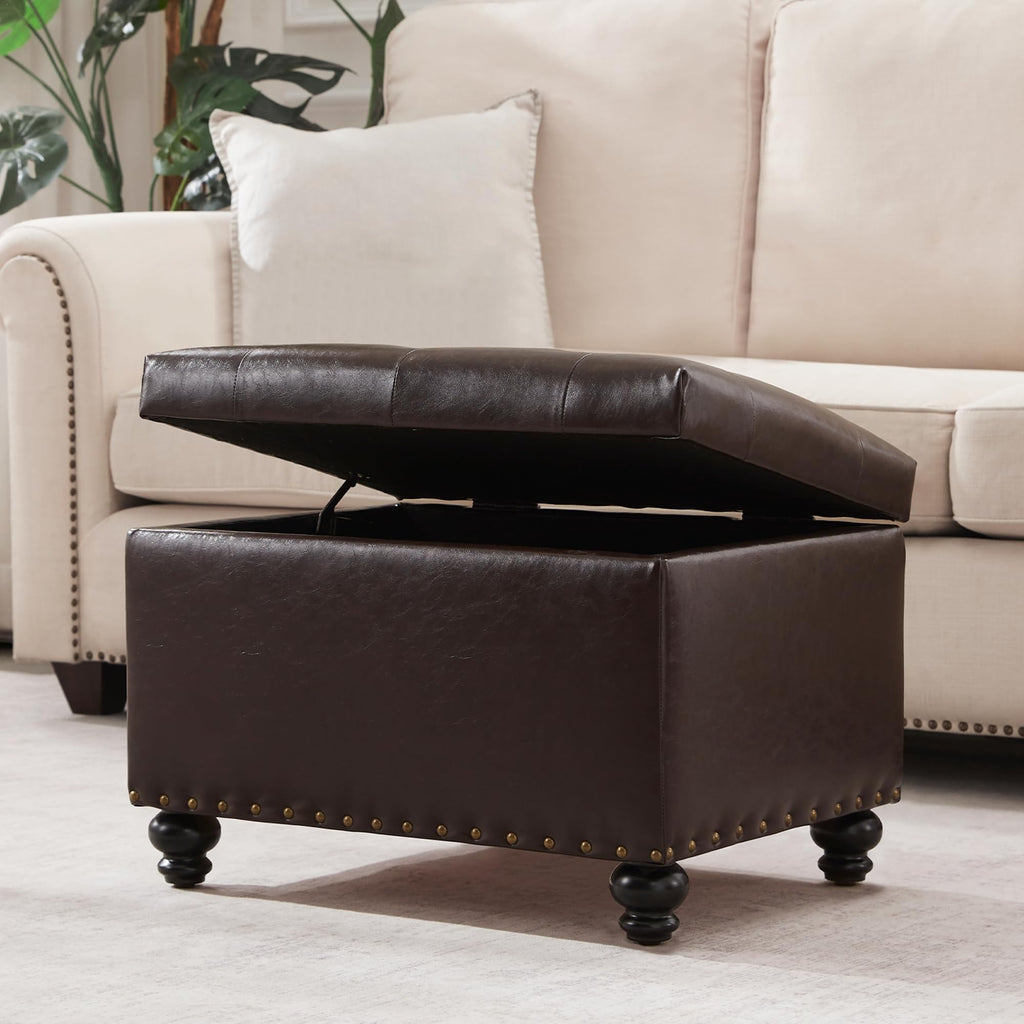 Leather Ottoman with Storage, Upholstered Button Tufted Ottoman Foot Rest, Foot Stools, 24" Rectangle Ottomans with