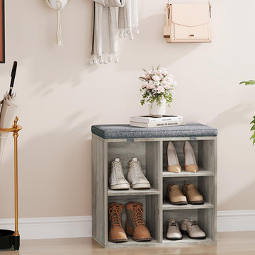 Shoe Bench with Padded Seat, 20'' Shoe Storage Bench with Adjustable Shelves & Side Pockets, 5 Cubes Storage