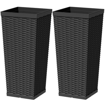 24 Inch Tall Plastic Planters with Rattan Texture - Set of 2, Black