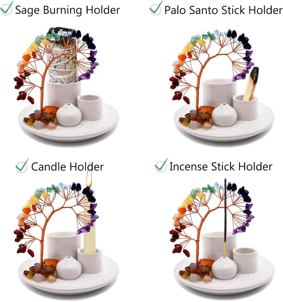 5 in 1 Incense Burner Holder with Crystal Healing Tree, Palo Santo Holder, Sage Holder, Incense Holder