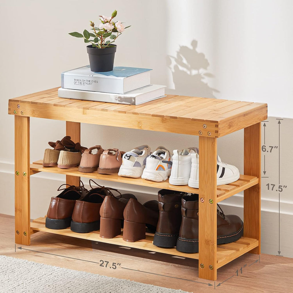 3 Tier Bamboo Shoe Rack Bench, Natural