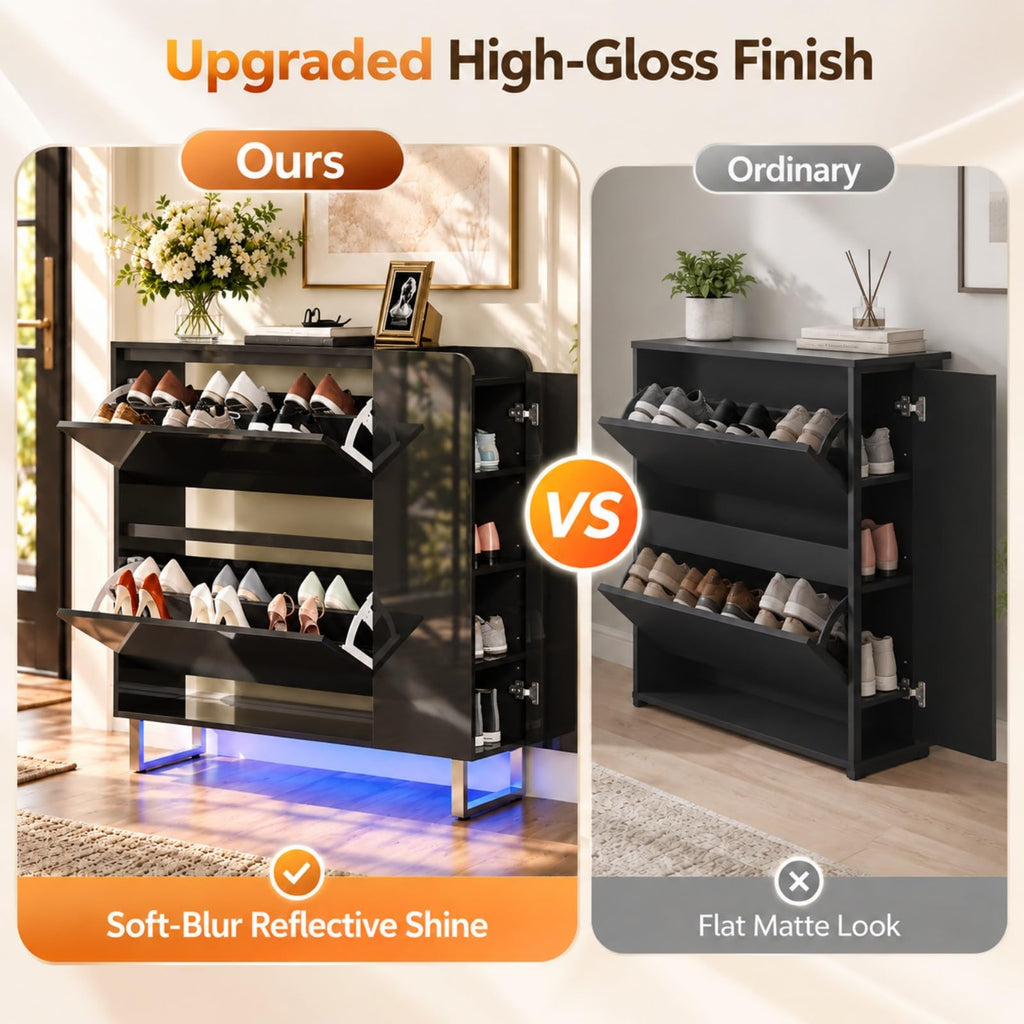 High Gloss Shoe Cabinet, 2 Flip Drawers with LED, Black