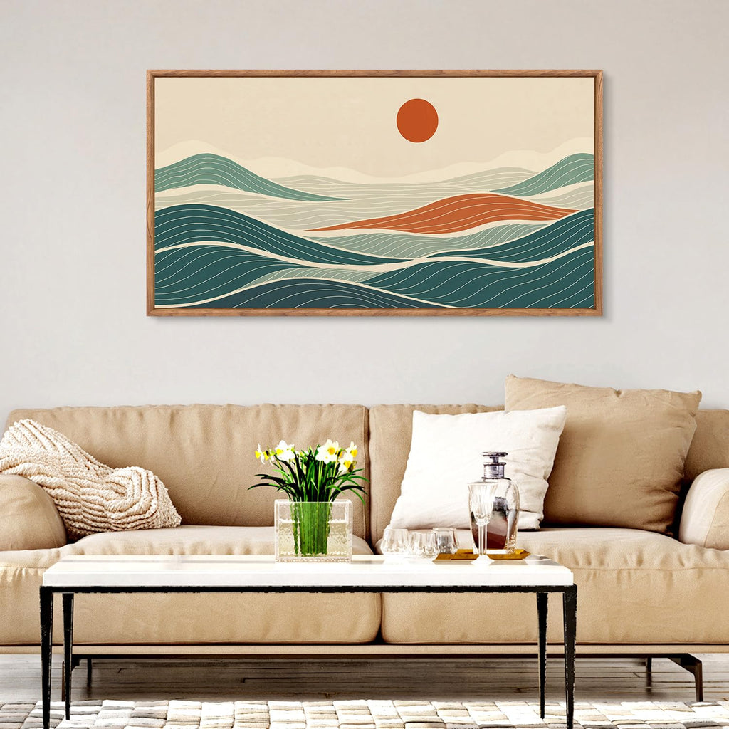 Long Coastal Framed Wall Art, Minimalist Coastal Horizontal Wall Decor, Abstract Waves Line Artwork Ocean Sea