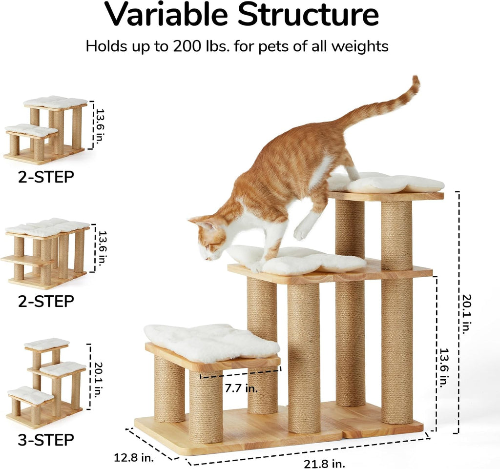 Dog Stairs, Solid Wood Pet Stairs with Cat Scratching Post