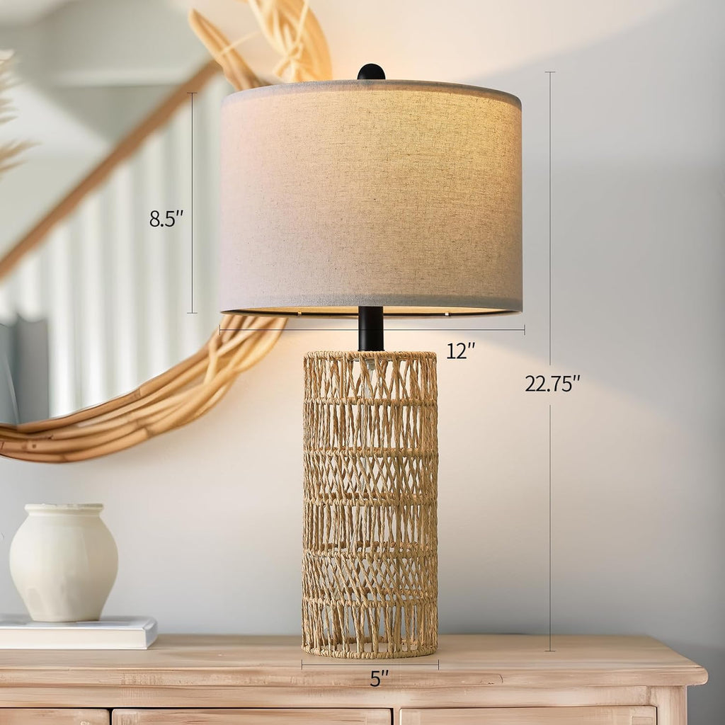 22.5" Boho Table Lamps Set of 2, Bedside Lamp for Nightstands, Rattan Lamp, Farmhouse Table Lamp for Room Decor