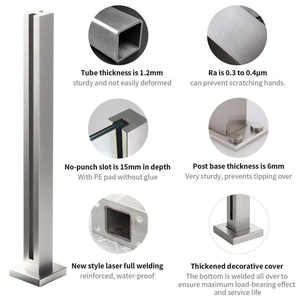 Heavy-Duty Glass Railing Post, 304 Stainless Steel Glass Railing with Spigot Slots & Sturdy Base, Balcony, Stairway