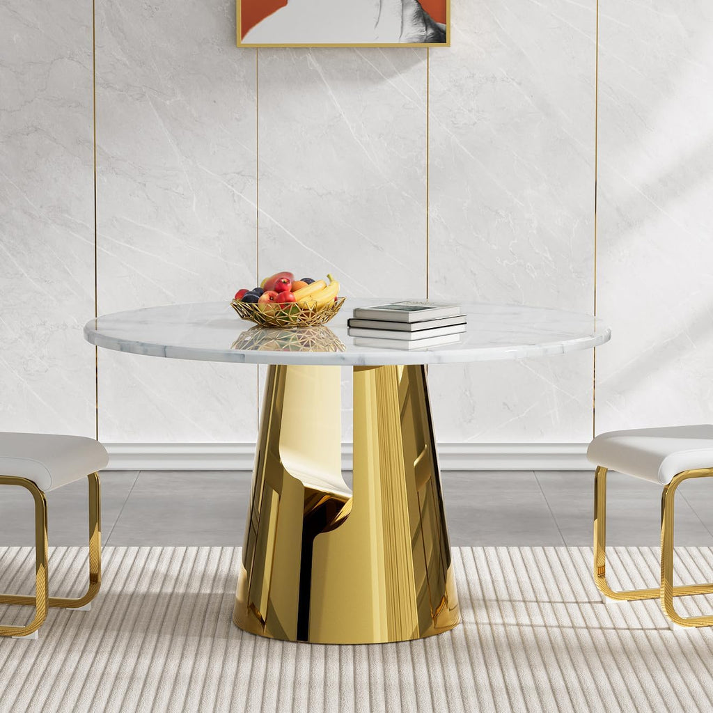 Luxury Marble Round Dining Table for 4-6, White Gold 45" Faux Marble Kitchen Table with Mirrored Stainless Steel