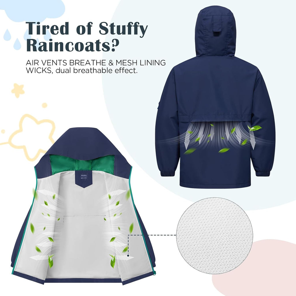 Kids Rain Jacket with Air Vents Mesh Lined, Hooded Raincoats with Extended Brim for Boys Girls