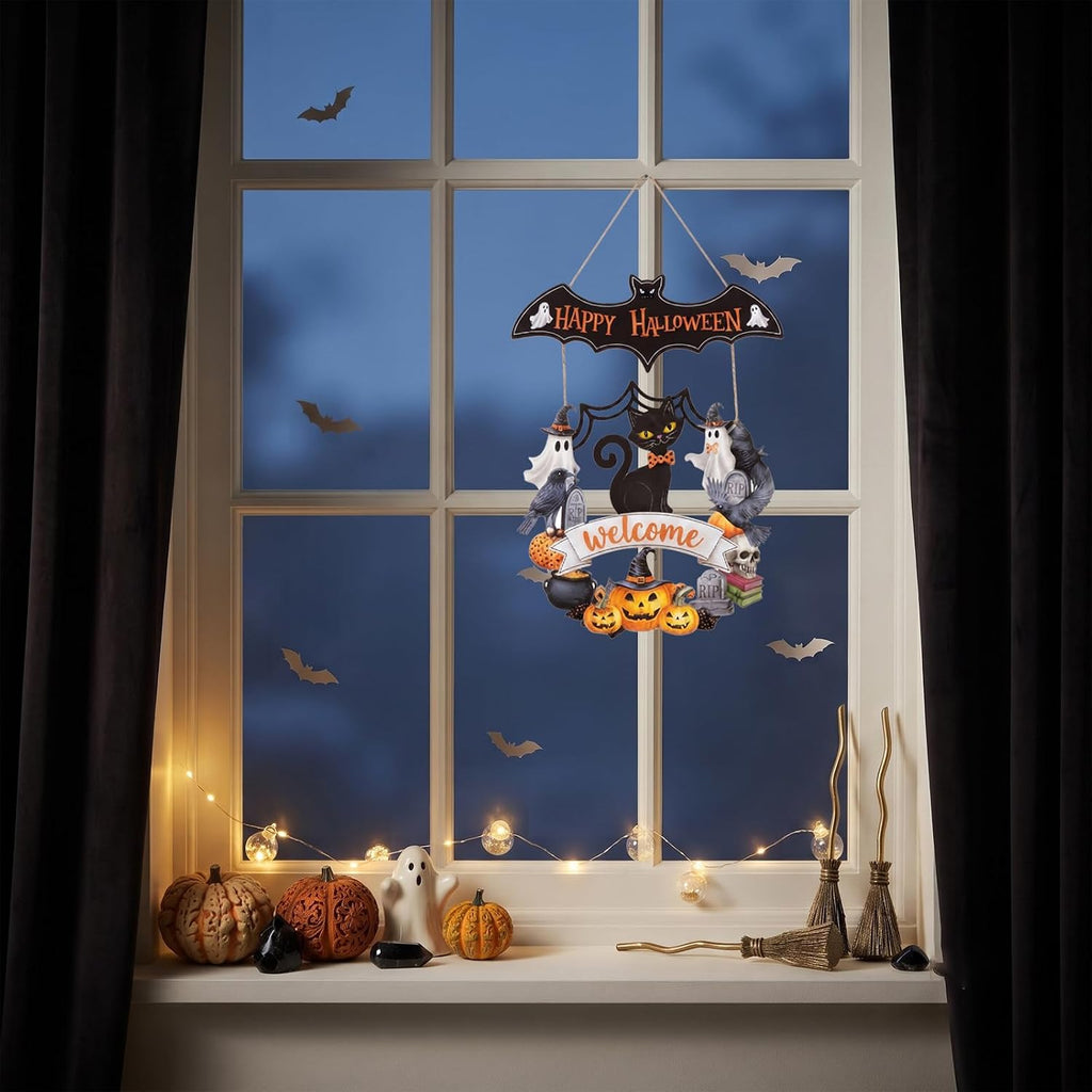 Halloween Decoration: Ghost Wood Door Sign, Spooky Wreath