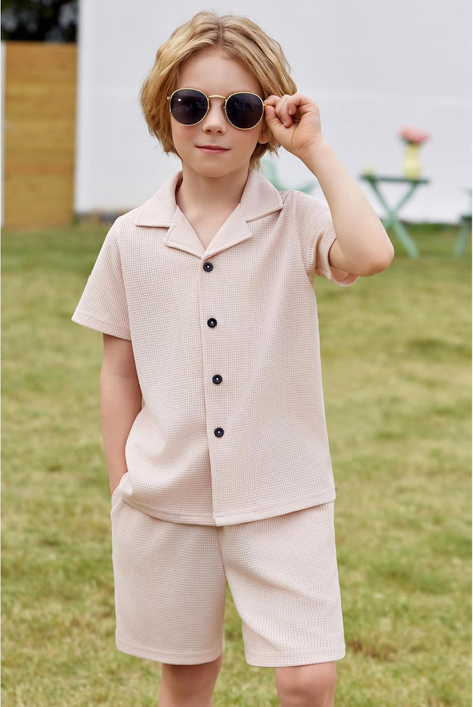 Toddler Boys 2 Piece Summer Outfits Waffle Knit Short Sleeve Button Down Shirt & Casual Shorts Sets