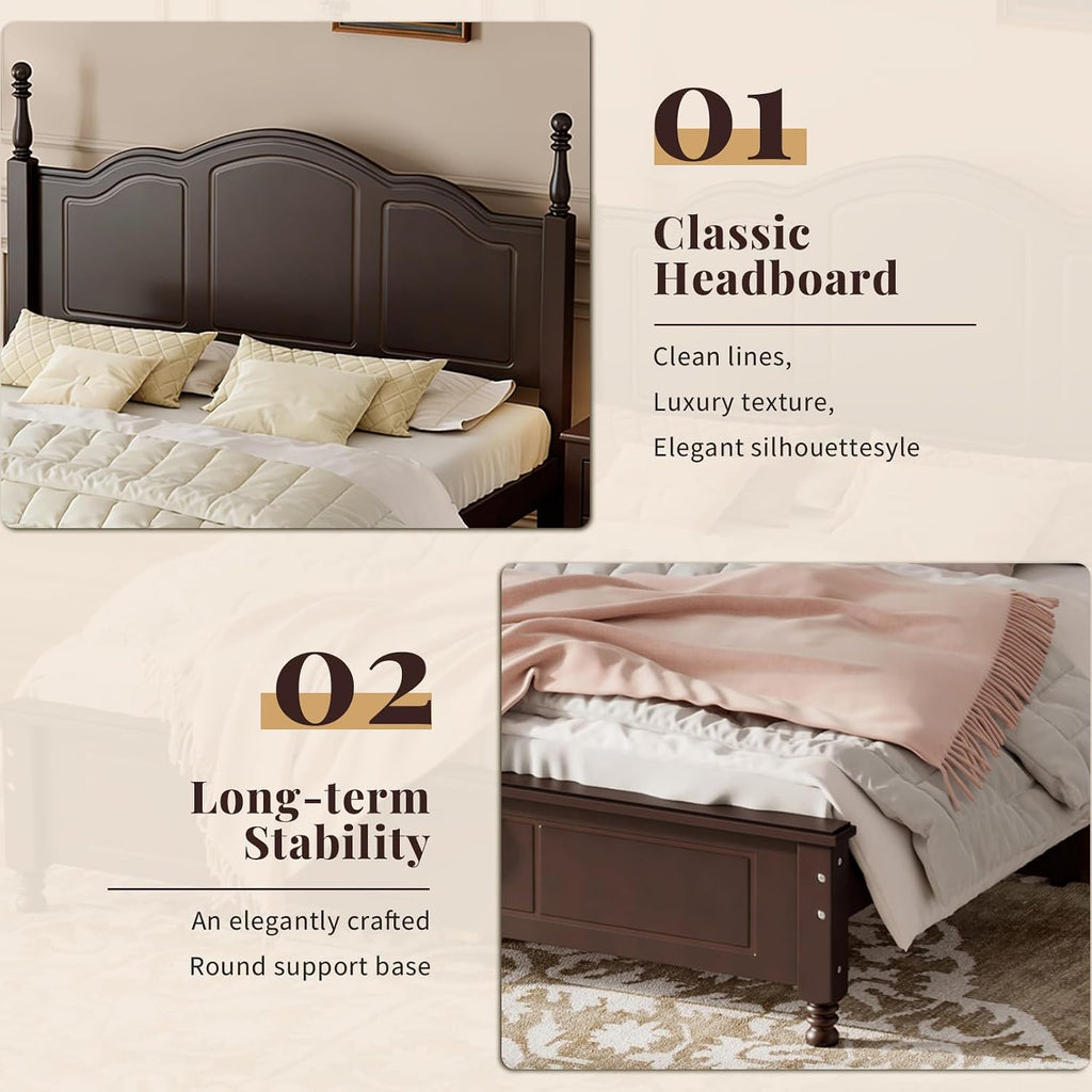 Vintage Queen Wood Bed Frame, Traditional Solid Wood Platform Bed with Retro Style Headboard, Traditional Town Style